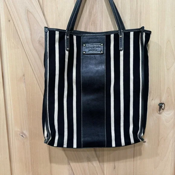 Kate Spade Griffen Tote Black Cream Stripe Cloth Leather Shoulder Bag - Picture 2 of 15